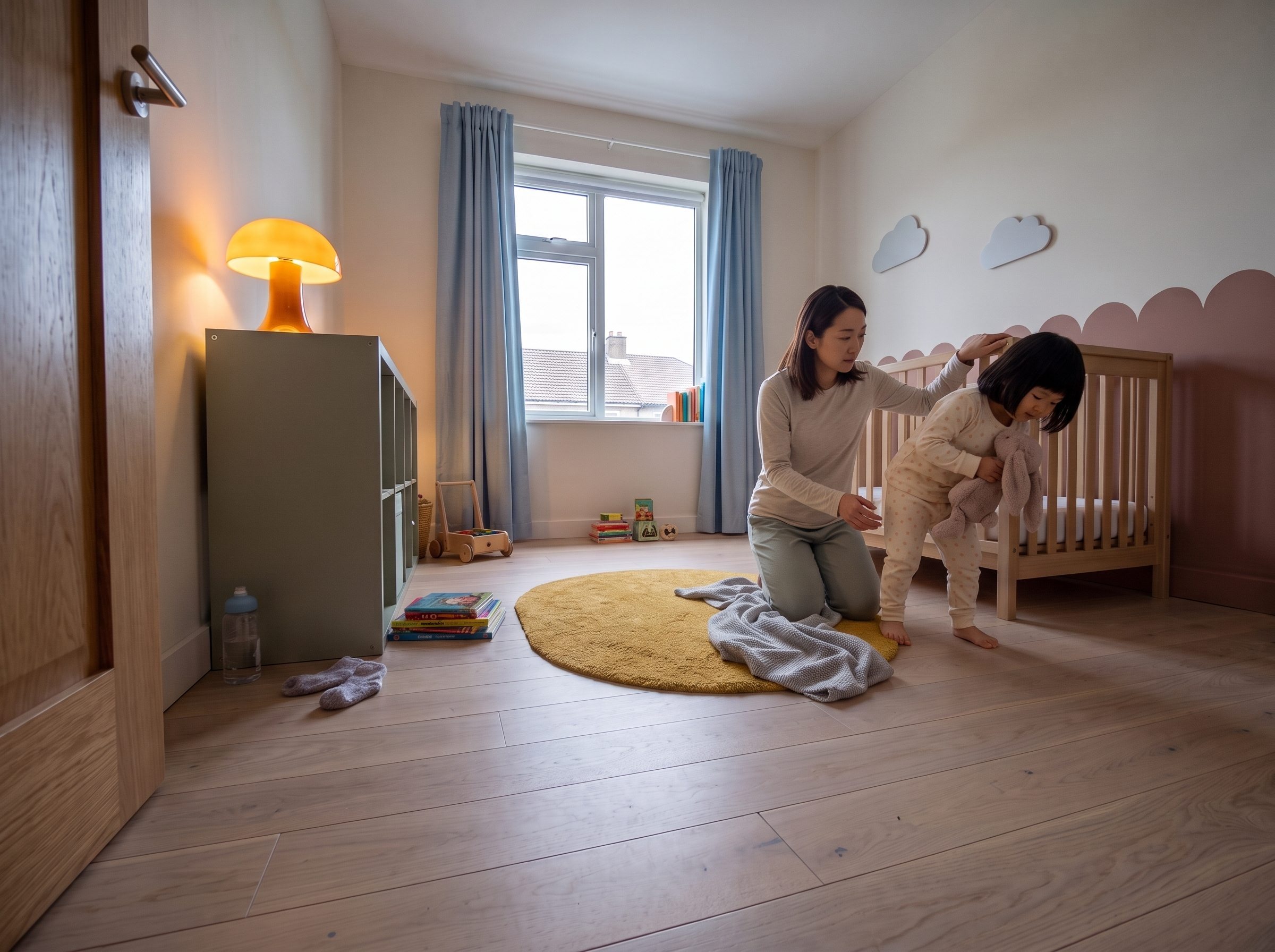 Cot rails as the familiar safety net before the big kid bed transition.