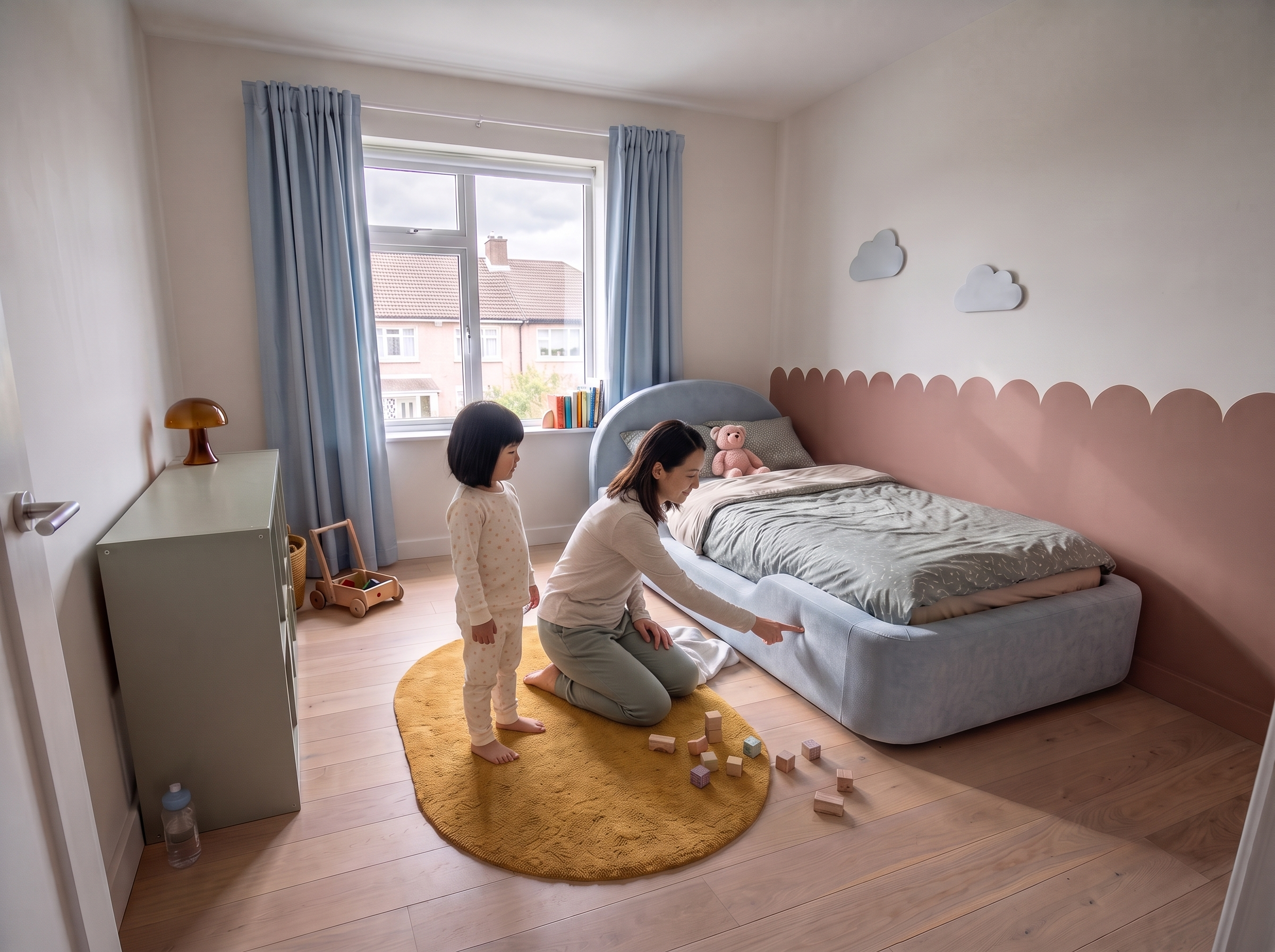 A parent and child checking the padded edge of the Little Lifely Bed together.