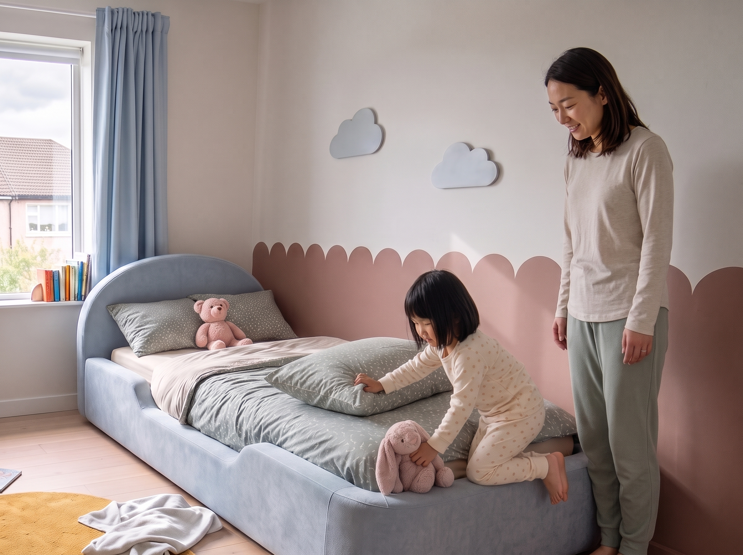 A child arranging her pillow and stuffed rabbit in her own bed.