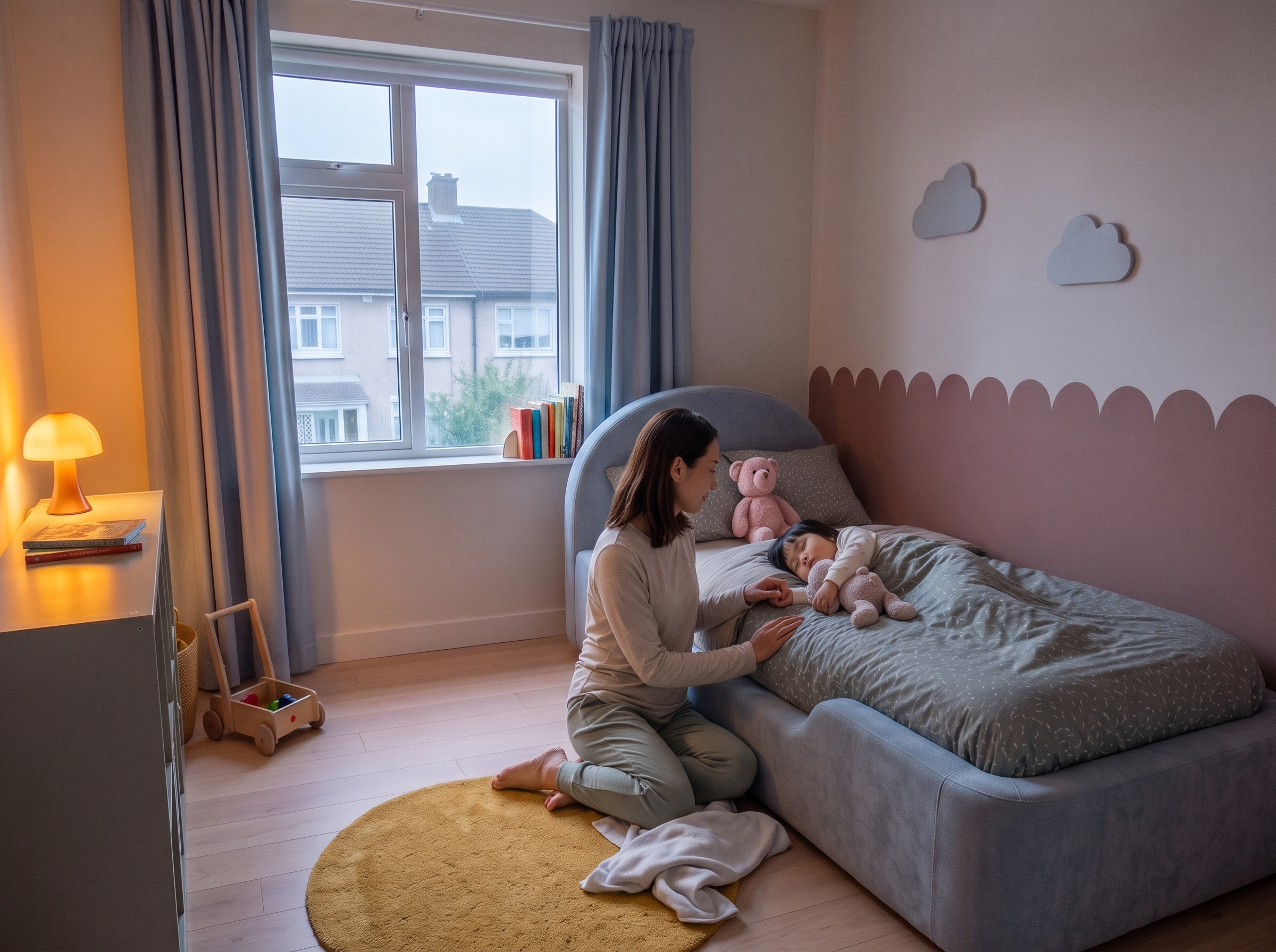 A parent checking on a peacefully sleeping child in the Little Lifely Bed.