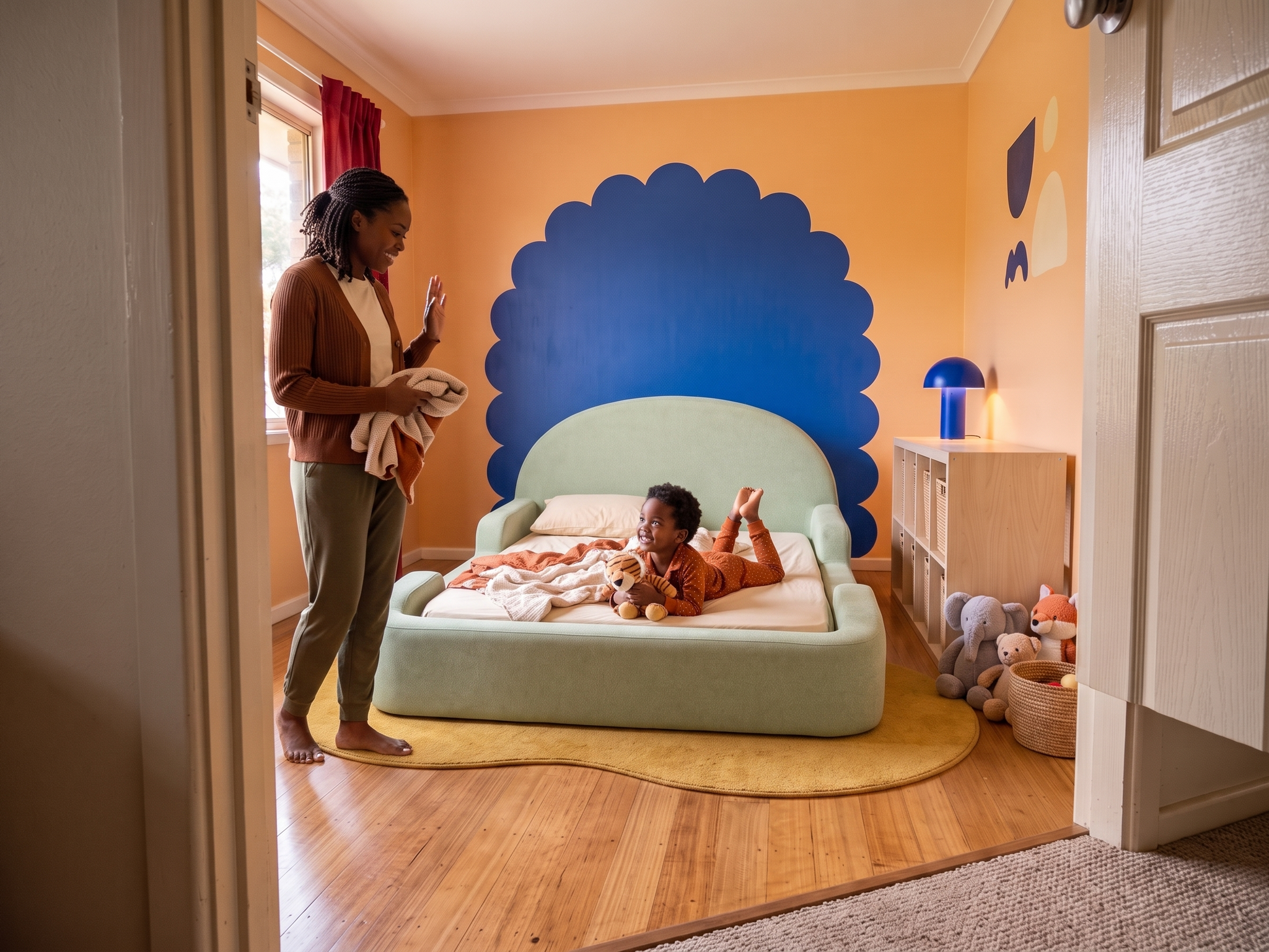 A mother staying connected with her son in his Little Lifely Bed.