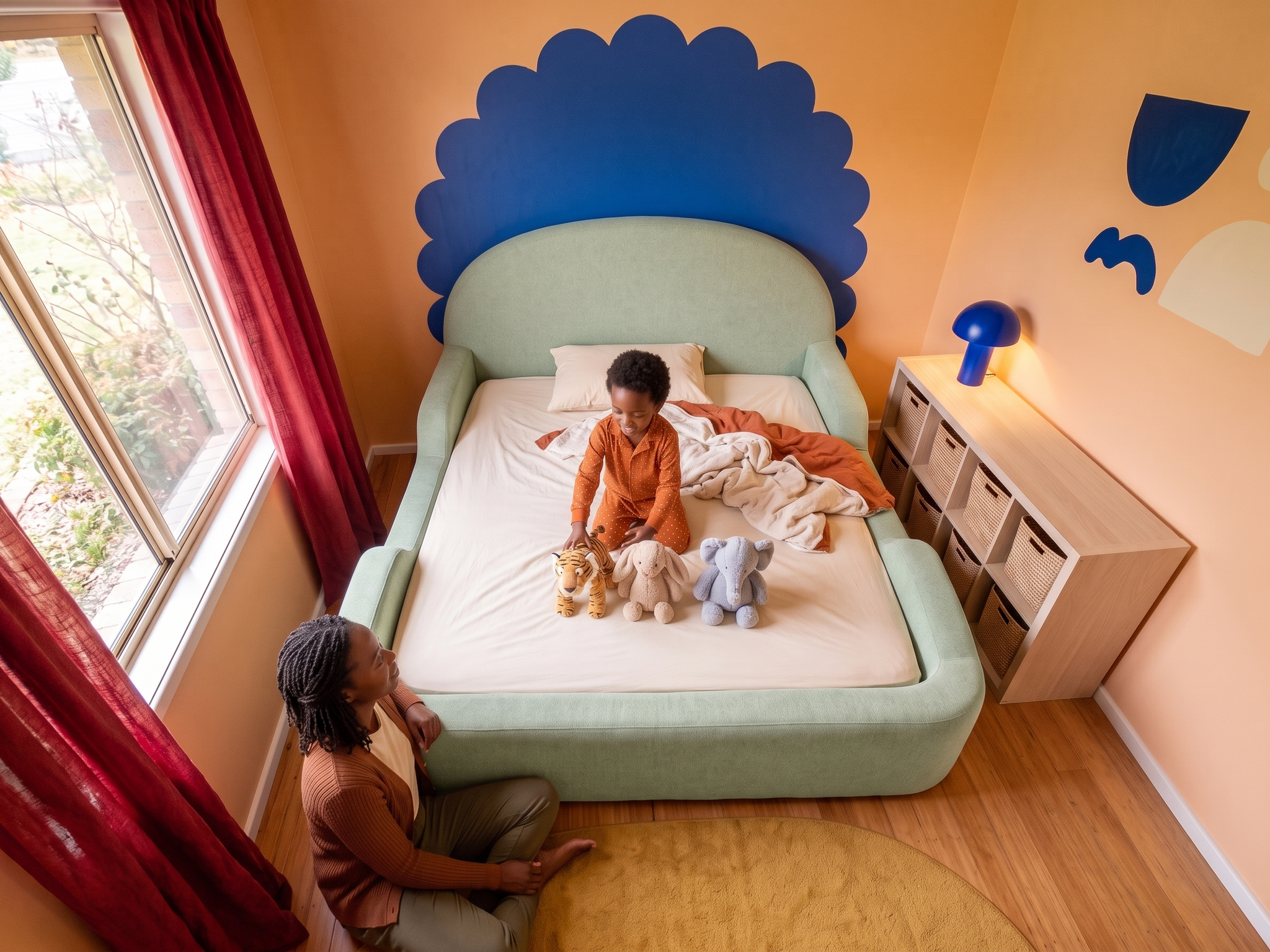A child lining up his animals in the Little Lifely Bed.