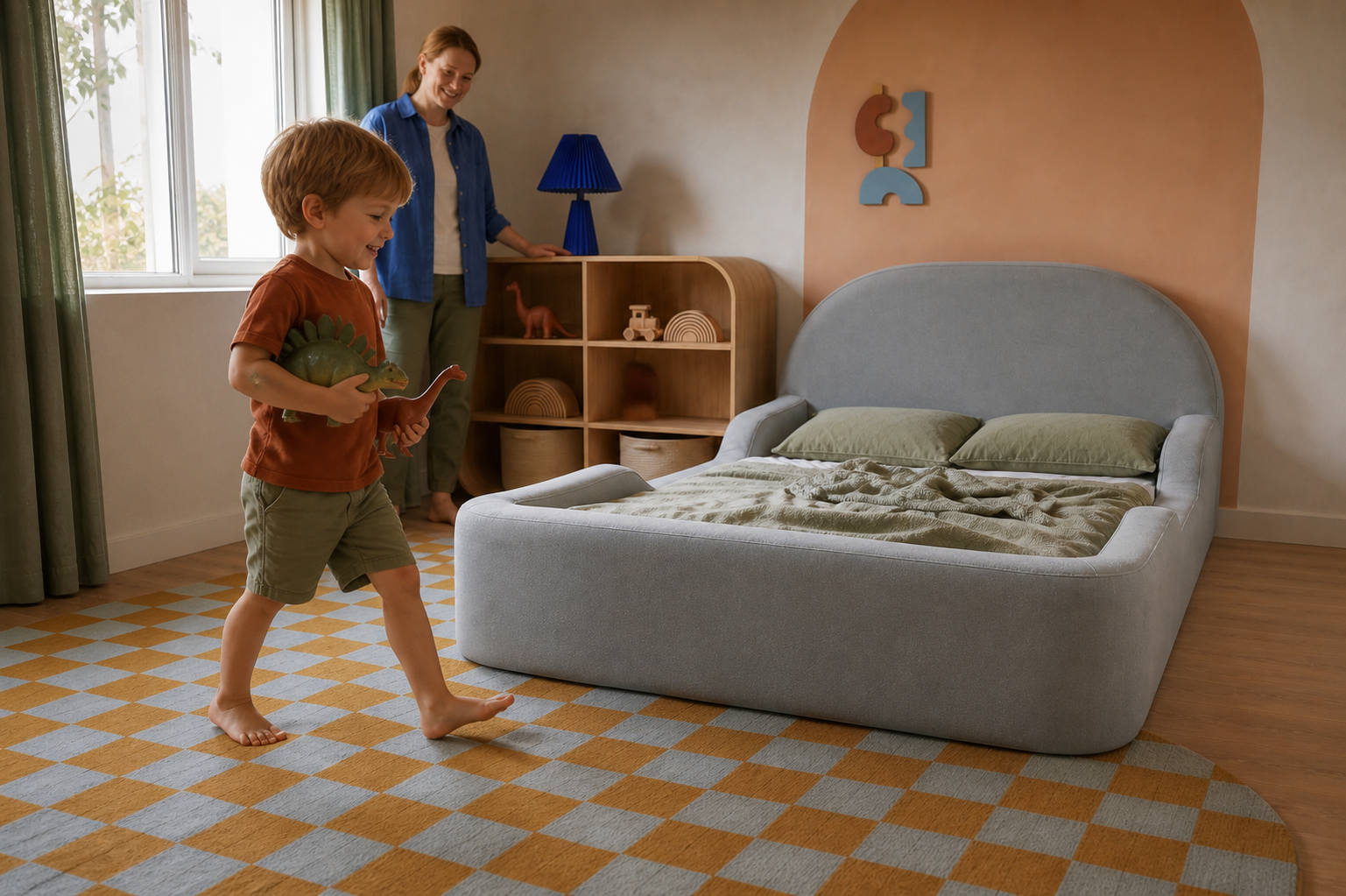A child carrying two dinosaurs toward the low Little Lifely Bed.