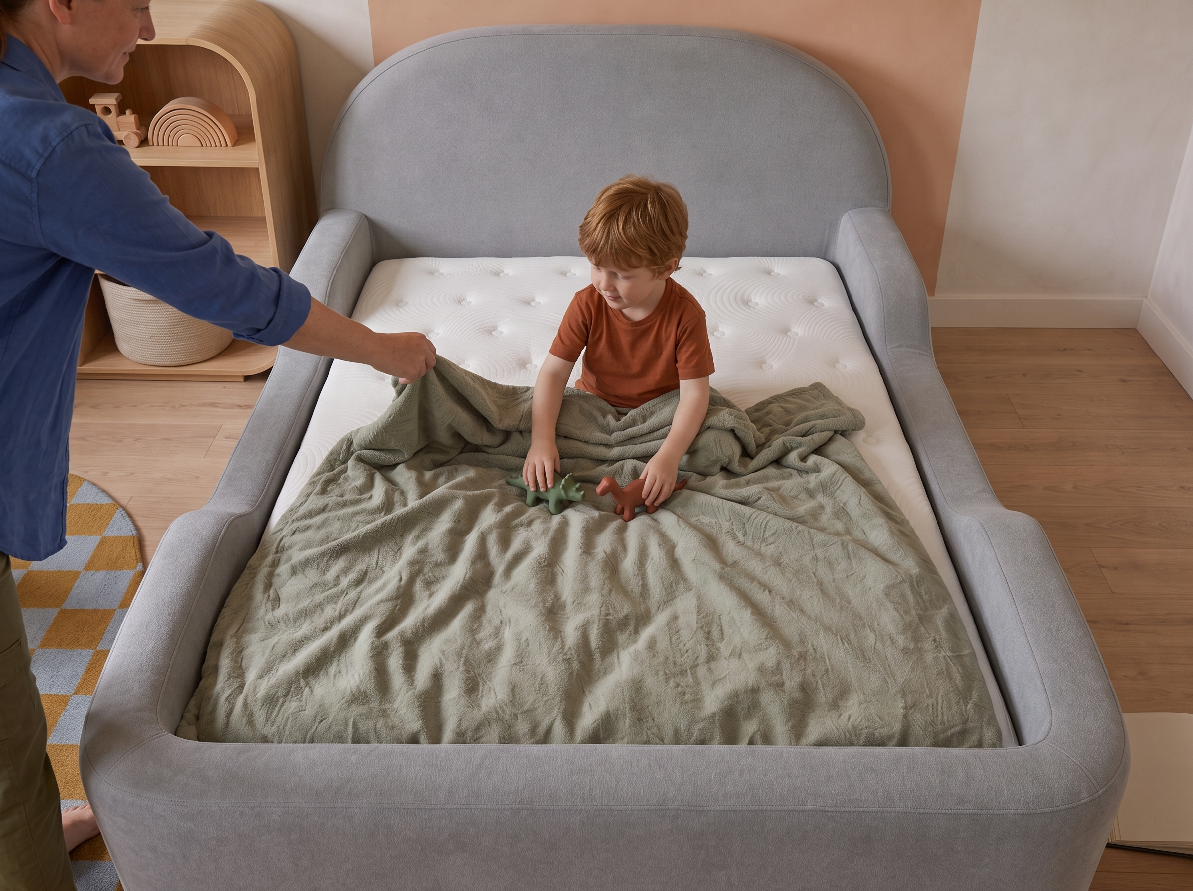 A child arranging two dinosaurs and a blanket inside the Little Lifely Bed.