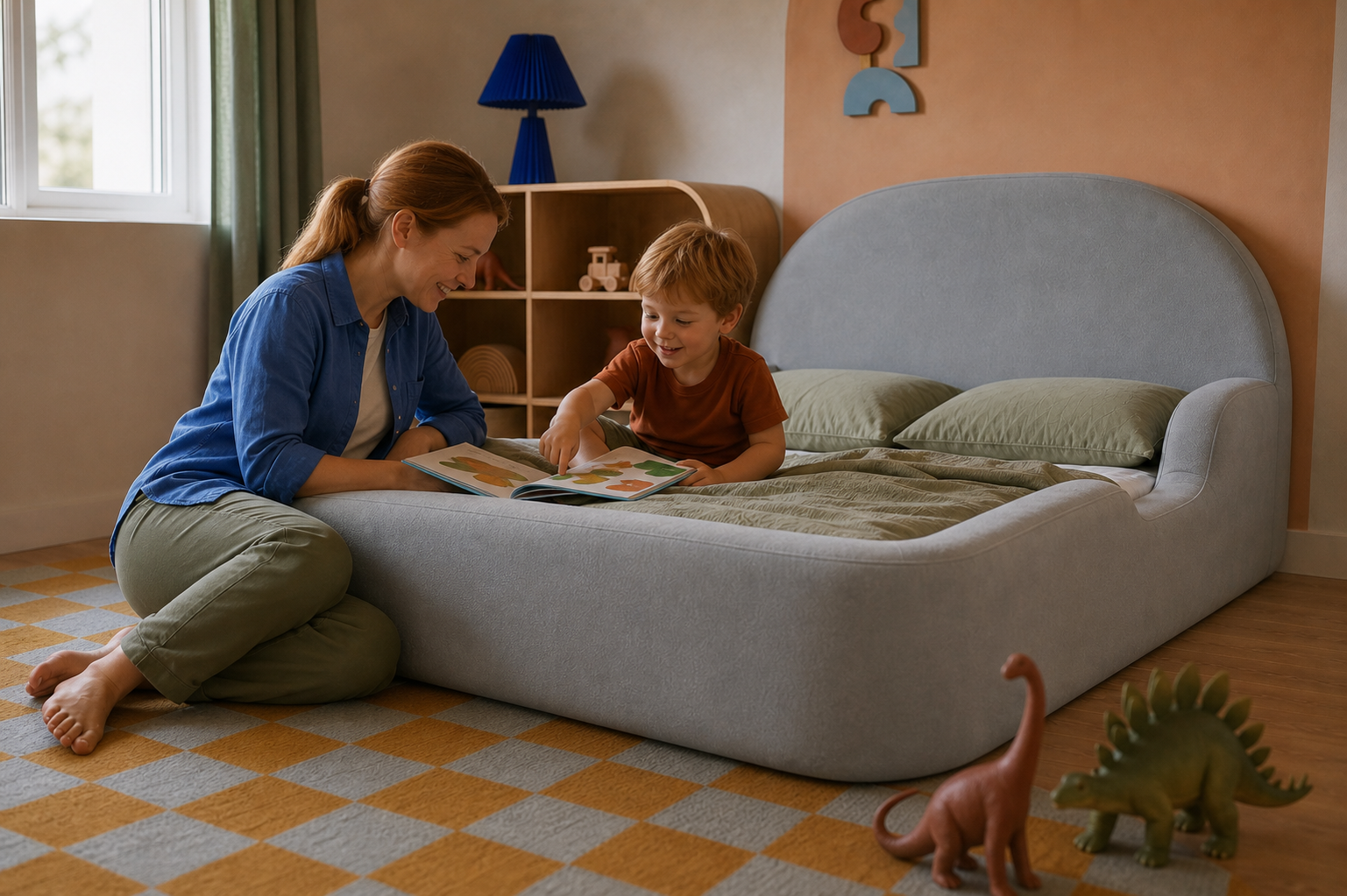 A parent and child sharing a calm reading moment beside the Little Lifely Bed.