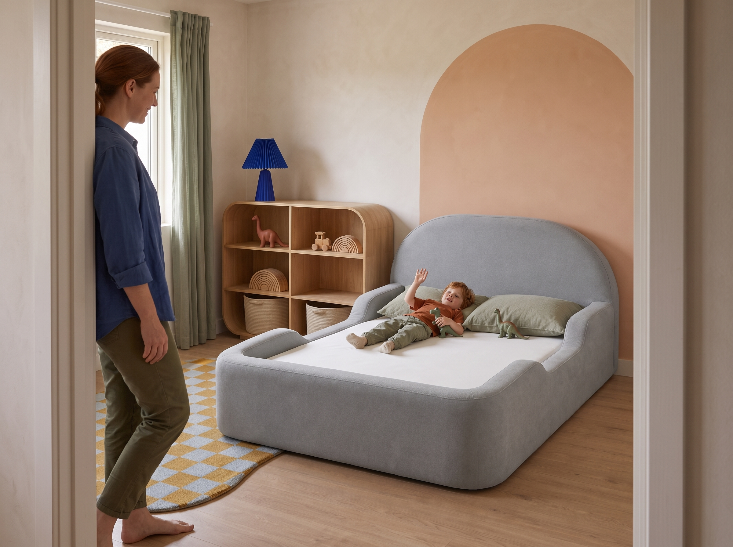 A parent looking into a calm child bedroom that feels complete.