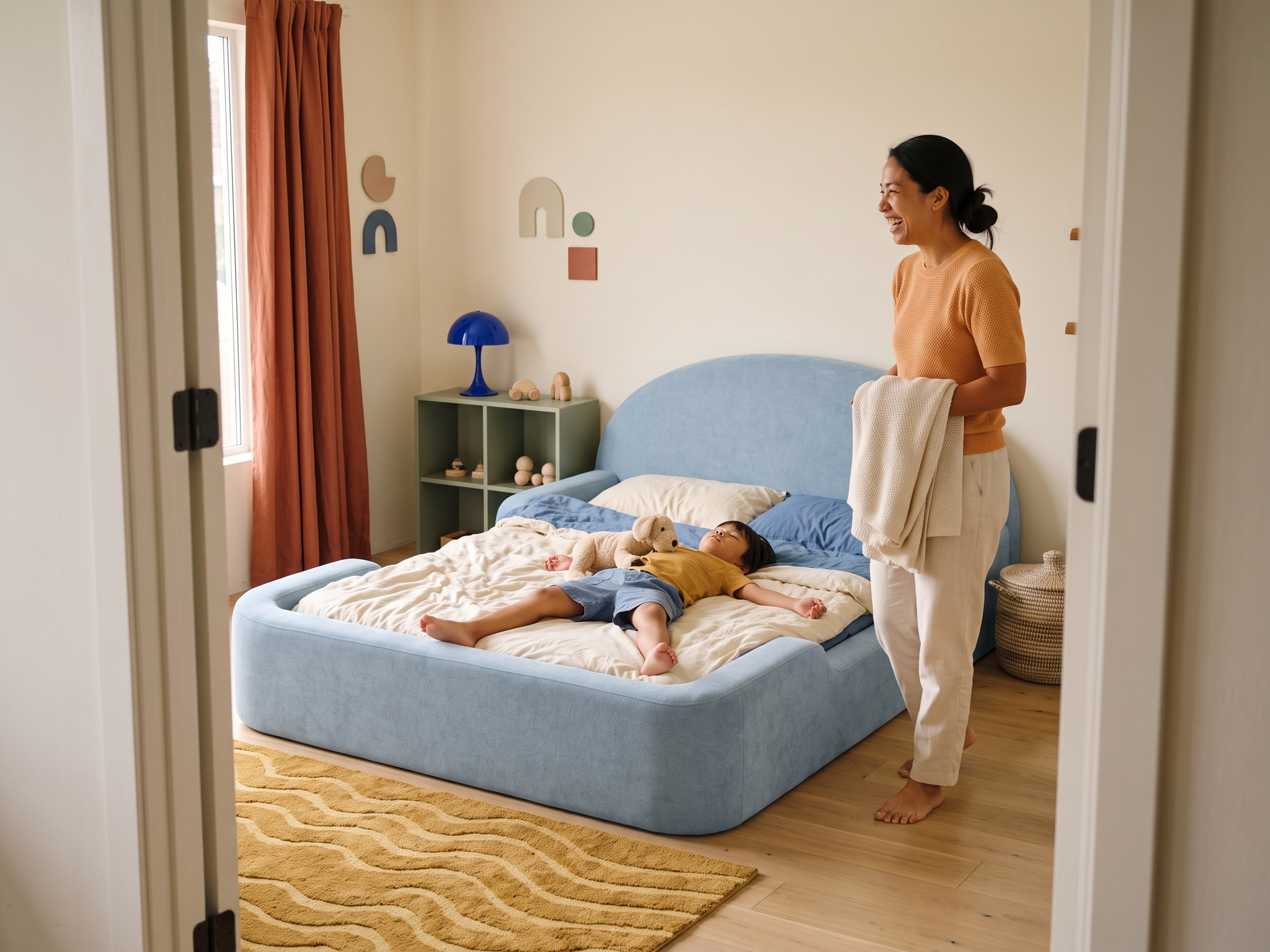 A parent checking the rounded padded side of the Little Lifely Bed.