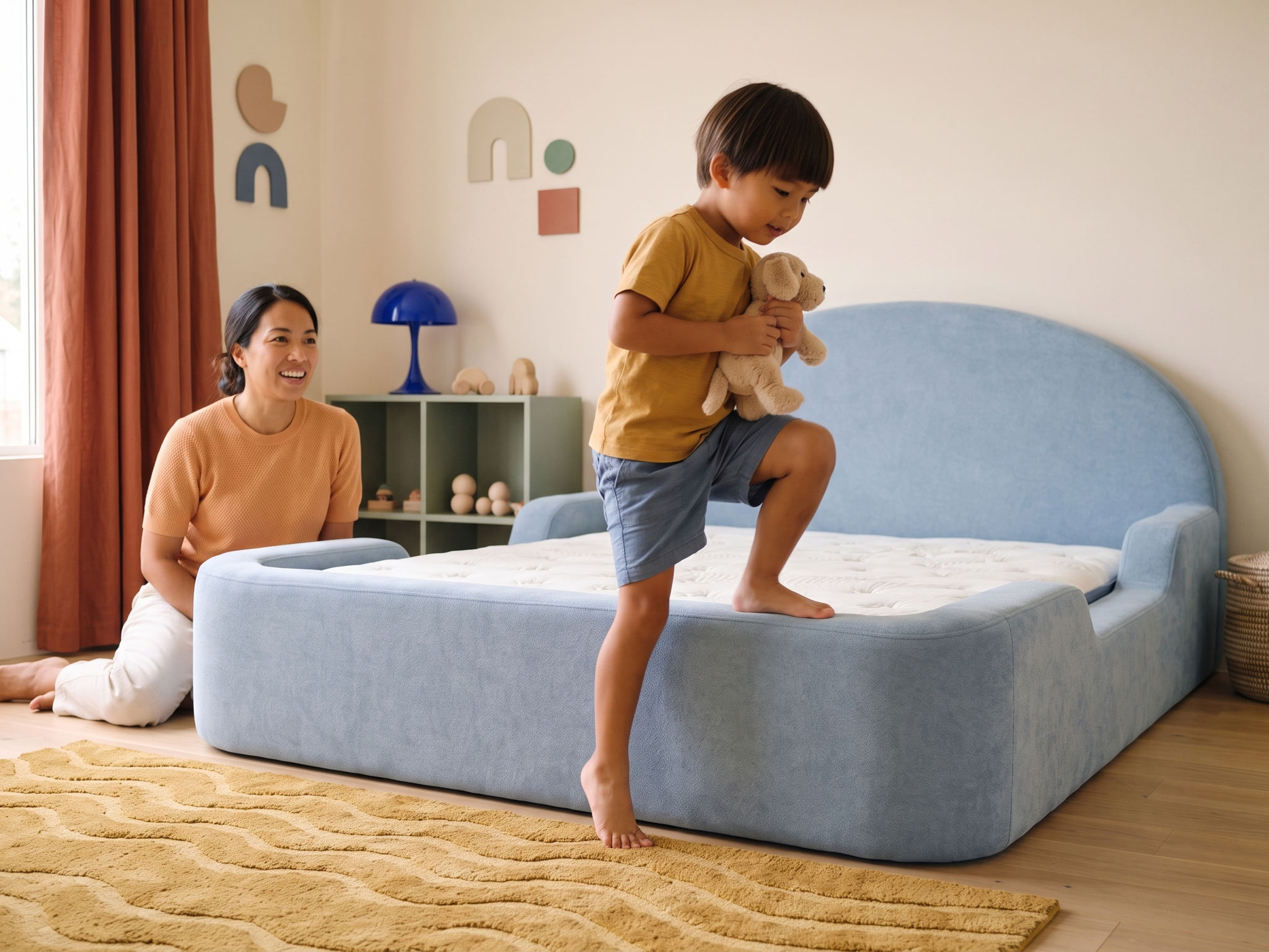 A child entering the low rounded Little Lifely Bed independently.