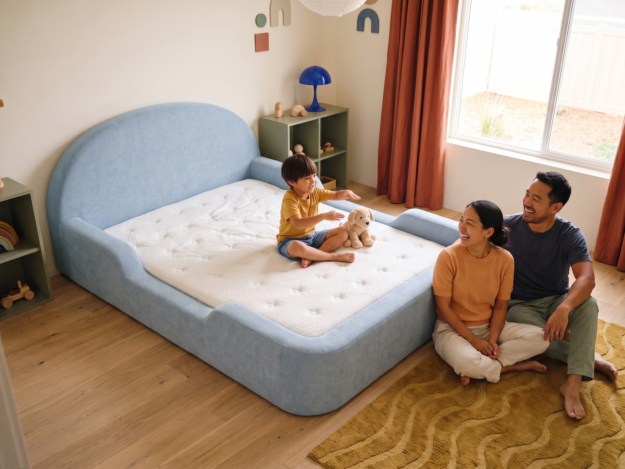 Parents sharing a relaxed moment beside their child in the Little Lifely Bed.