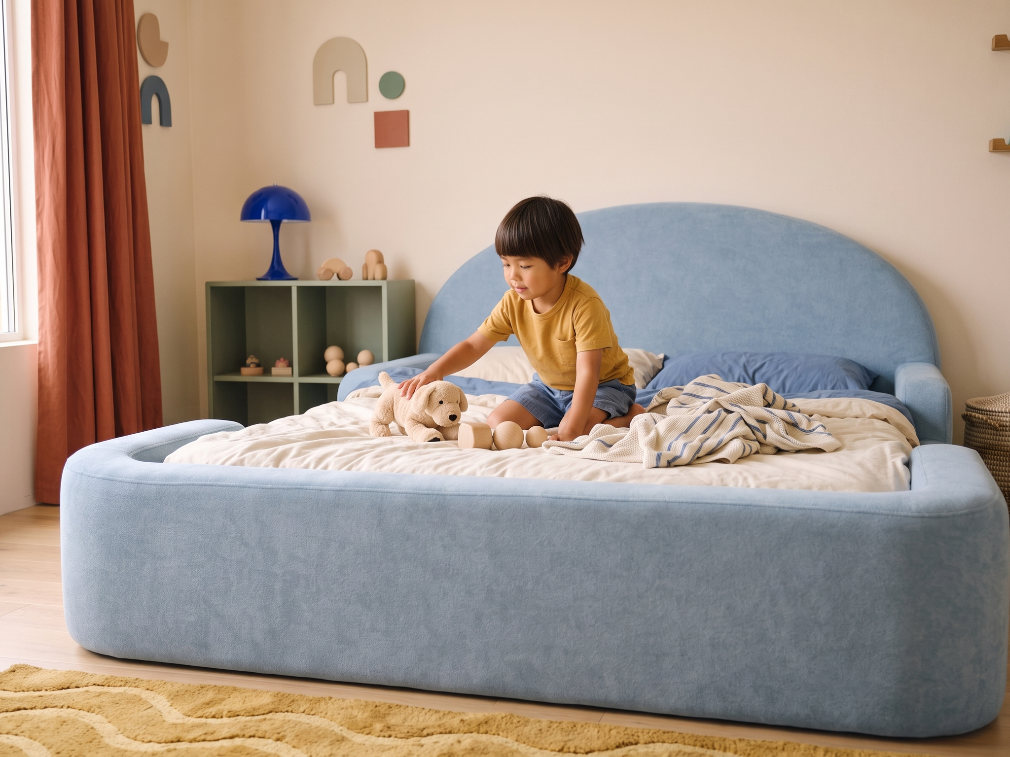 A child settling into the Little Lifely Bed as a comfortable first big kid bed.