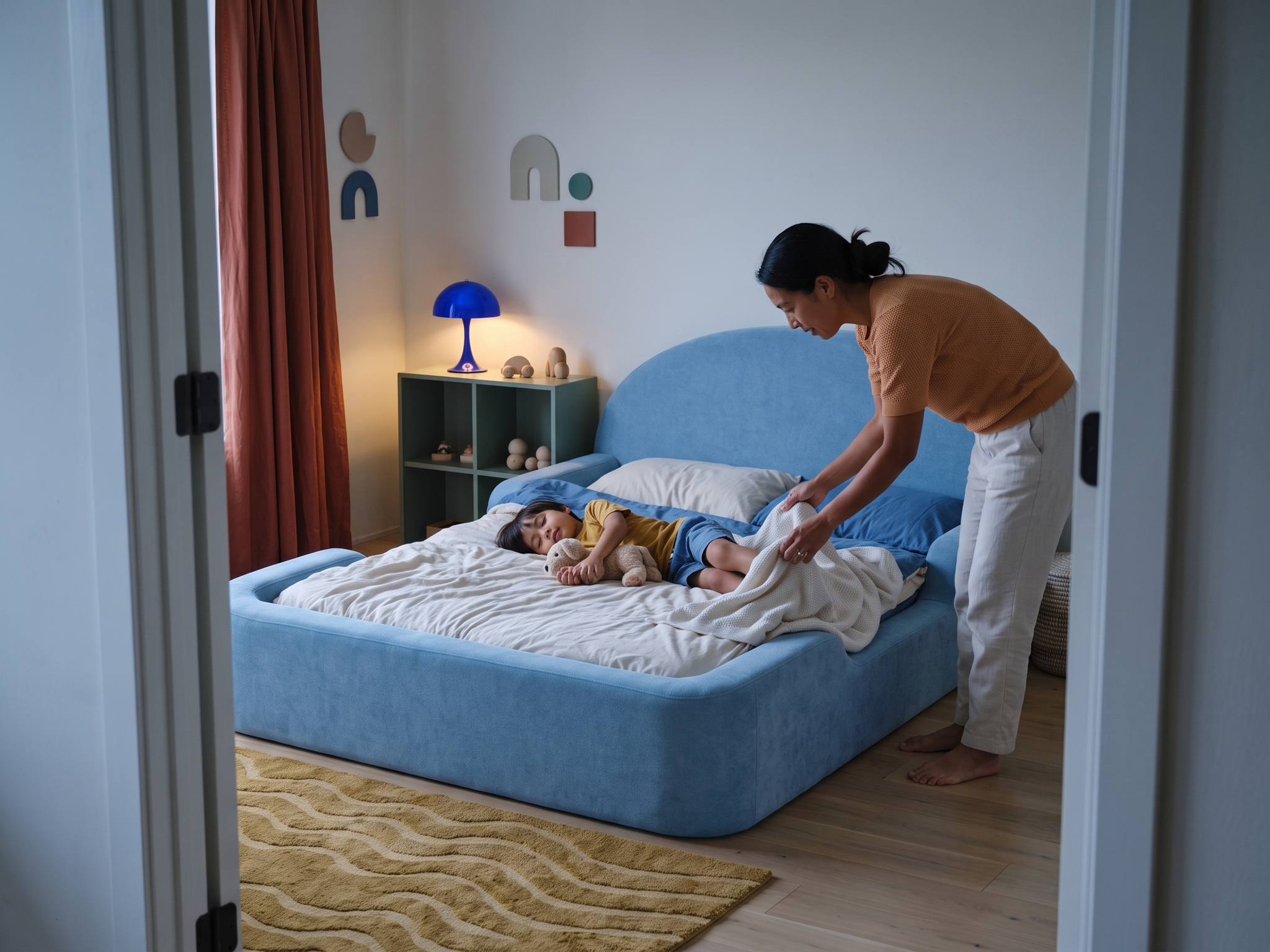 A calm bedtime moment with a parent beside the Little Lifely Bed.